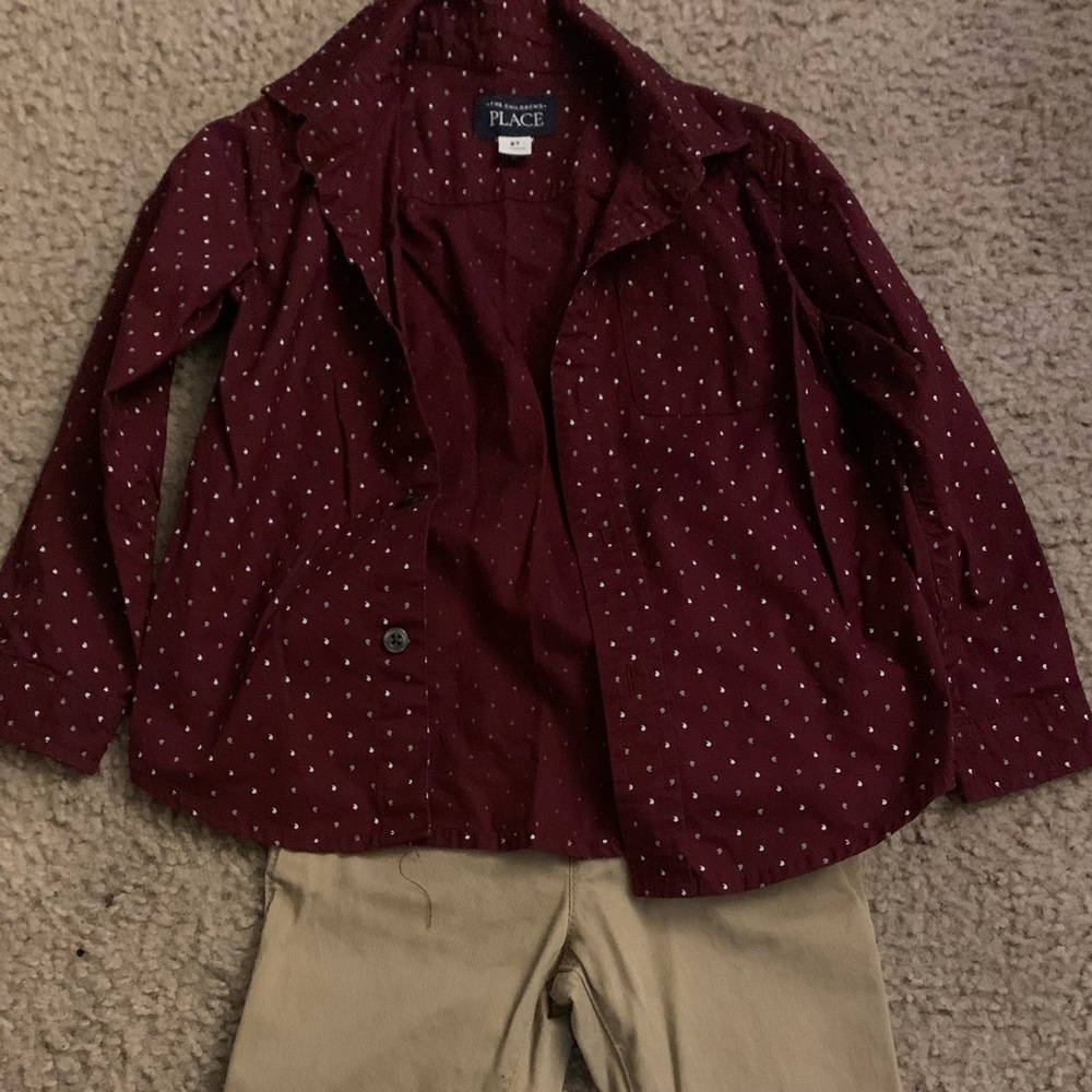 Burgundy polka dot long sleeve shirt and khaki pants together!!